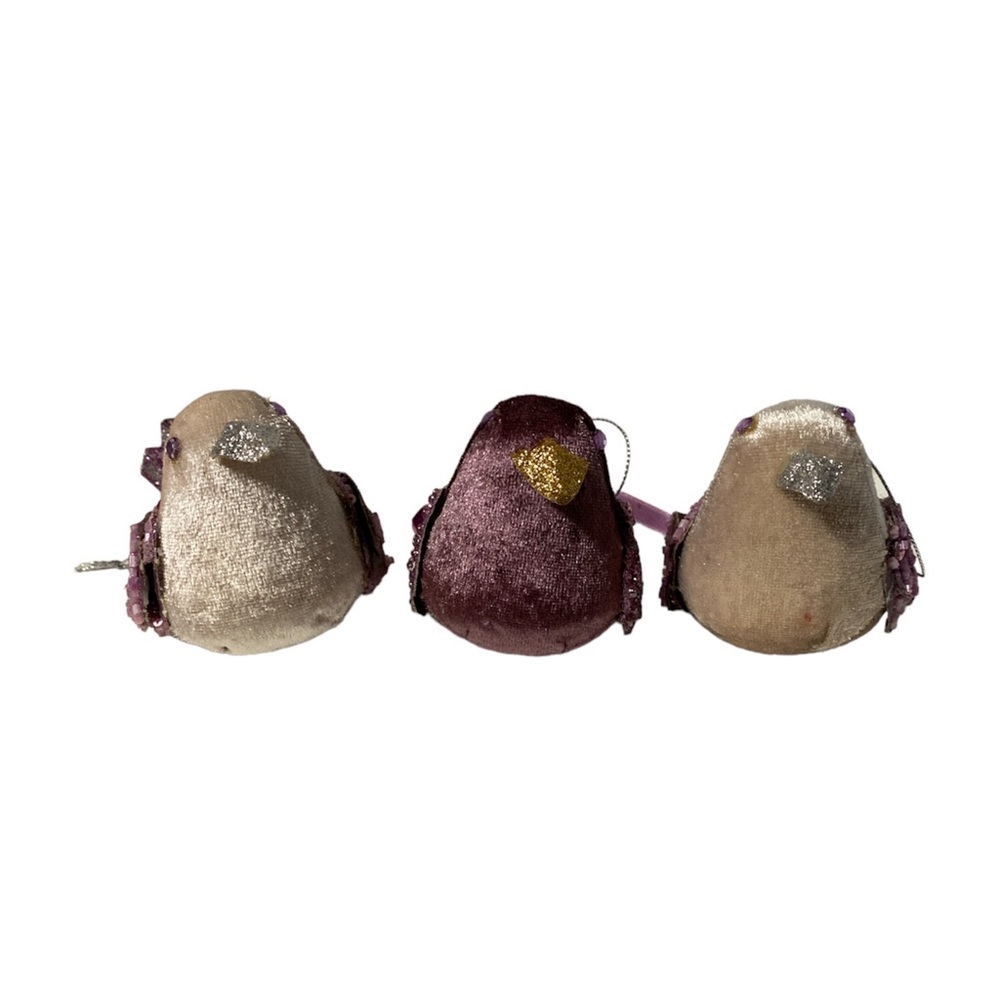 Christmas Ornament Birds Velvet Lilac Purple Glitter Beaded Decoration Set Of 3